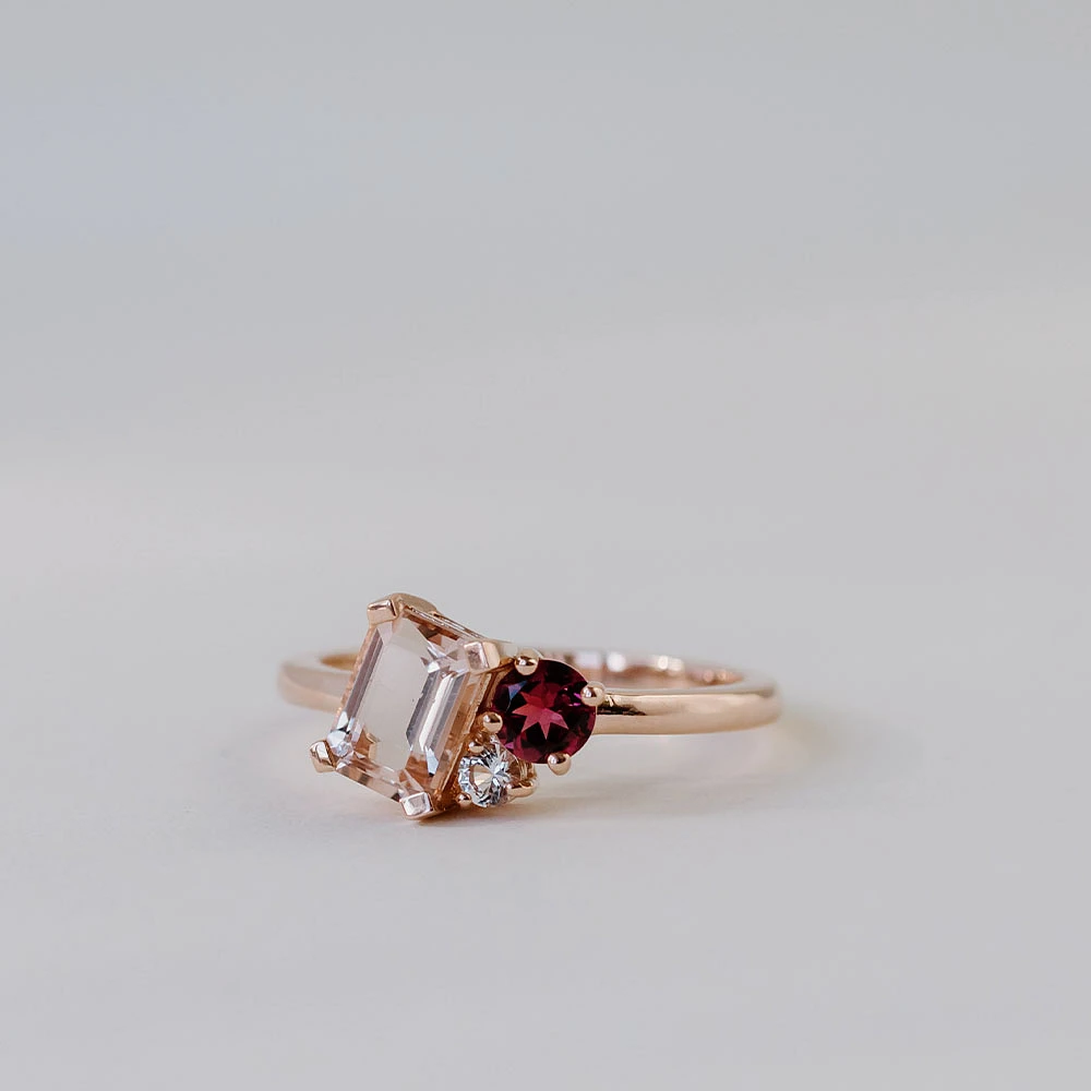 Ring with 7X5MM Emerald Cut Morganite, Pink Tourmaline and White Topaz 10kt Rose Gold