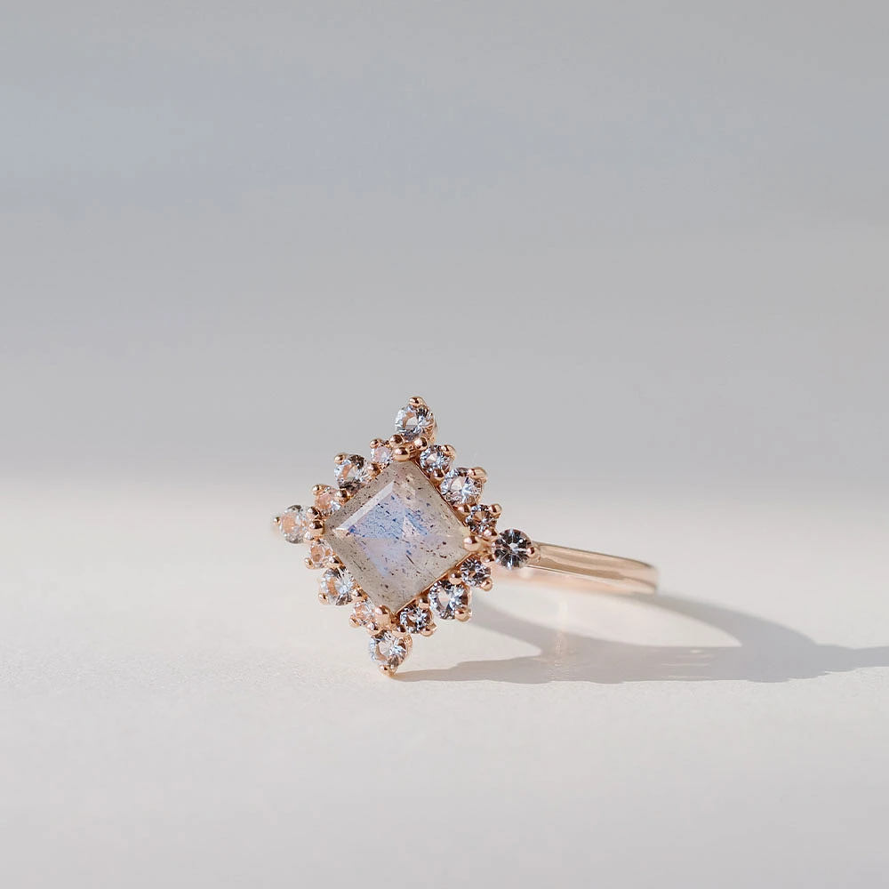 Ring with 6X6MM Princess Cut Labradorite and White Topaz 10kt Rose Gold