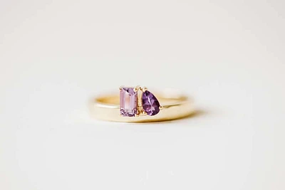 Petite Toi et Moi Ring with 5x3MM Pink Amethyst and Amethyst in 14kt Yellow Gold