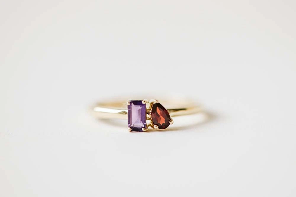 Petite Toi et Moi Ring with 5x3MM Pink Amethyst and Garnet 14kt Yellow Gold