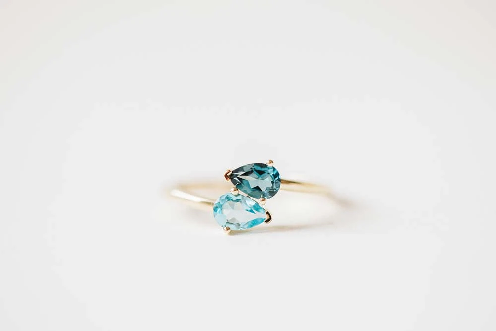 Petite Toi et Moi Ring with 5x3MM London Blue Topaz and Blue Topaz in 14kt Yellow Gold