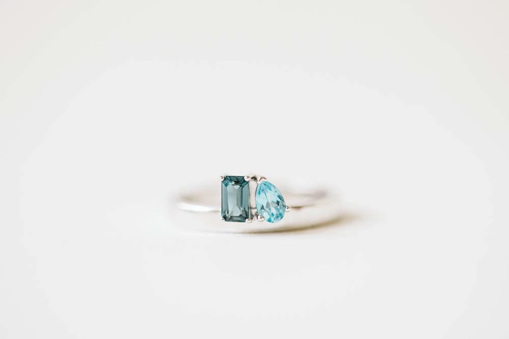 Petite Toi et Moi Ring with 5x3MM London Blue Topaz and 14kt White Gold