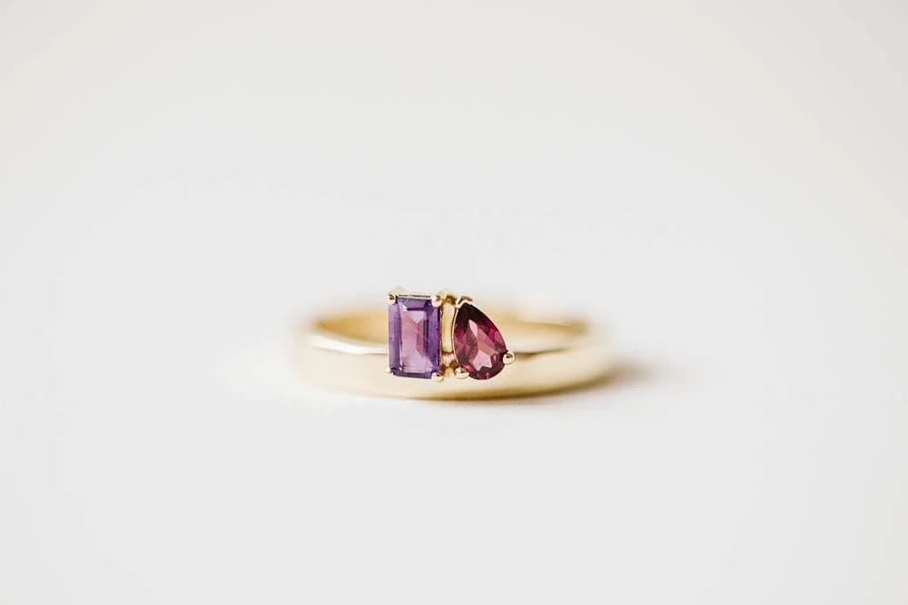 Petite Toi et Moi Ring with 5x3MM Amethyst and Garnet in 14kt Yellow Gold