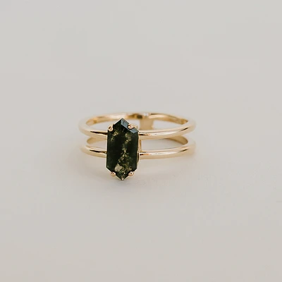 Ring with 10x5MM Moss Agate 10kt Yellow Gold