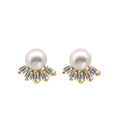 Earrings with 6MM Pearl and Baguette Cubic Zirconia Gold Plated Sterling Silver