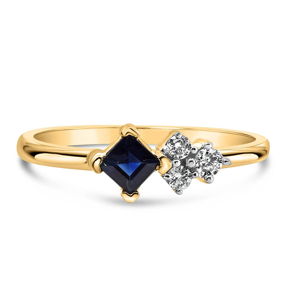 Princess Cut Blue Sapphire Ring with .10 carat TW Diamonds 10kt Yellow Gold