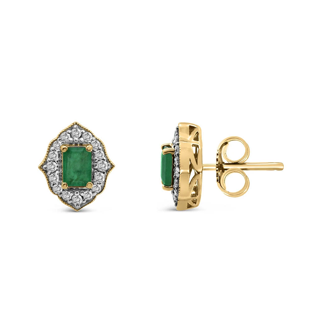 4X3MM Emerald Earrings with .14 Carat TW 10kt Yellow Gold