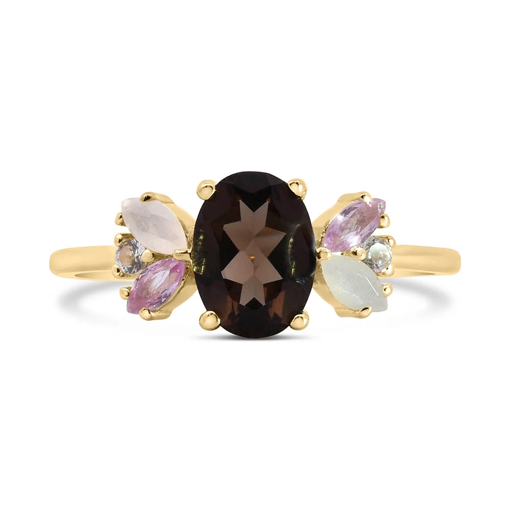 Ring with Smoky Quartz, Moonstone, Pink Sapphire and White Topaz 10kt Yellow Gold