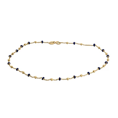 9″+1″ Navy Blue Enamel Beaded Anklet in 10kt Yellow Gold