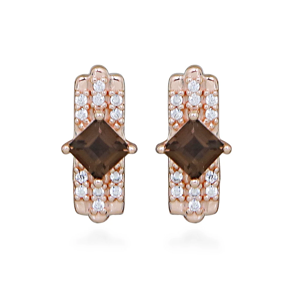 Earrings with Princess Cut Smoky Quartz and Cubic Zirconia Rose Tone Sterling Silver