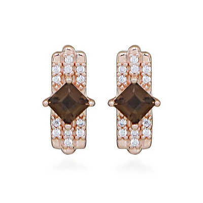 Earrings with Princess Cut Smoky Quartz and Cubic Zirconia Rose Tone Sterling Silver