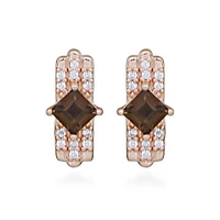 Earrings with Princess Cut Smoky Quartz and Cubic Zirconia Rose Tone Sterling Silver