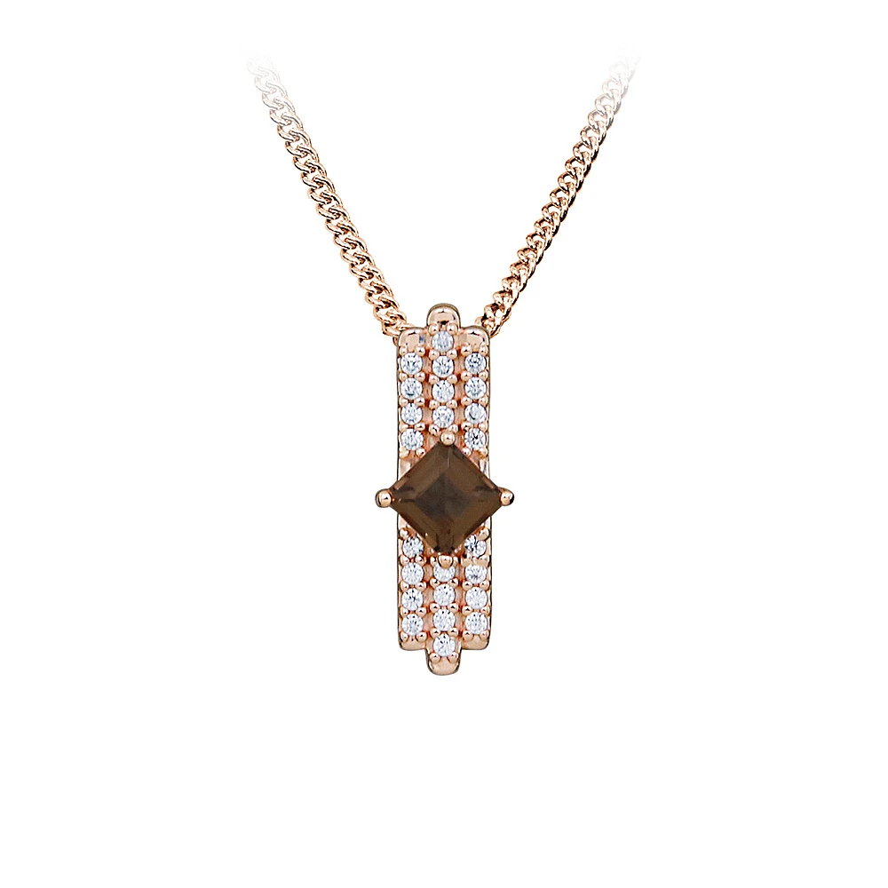 Pendant with Princess Cut Smoky Quartz and Cubic Zirconia Rose Tone Sterling Silver Chain