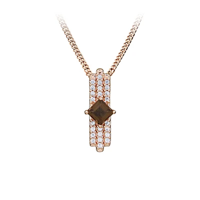 Pendant with Princess Cut Smoky Quartz and Cubic Zirconia Rose Tone Sterling Silver Chain