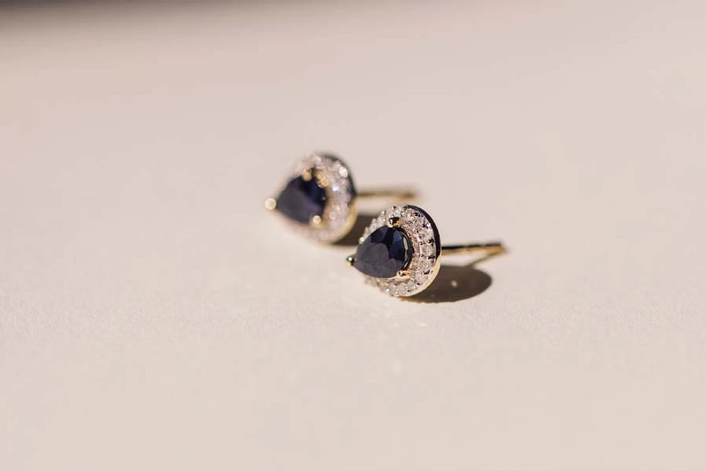 Halo Earrings with .17 Carat TW of Diamonds and 6x4MM Pear Shape Blue Sapphire 10kt Yellow Gold