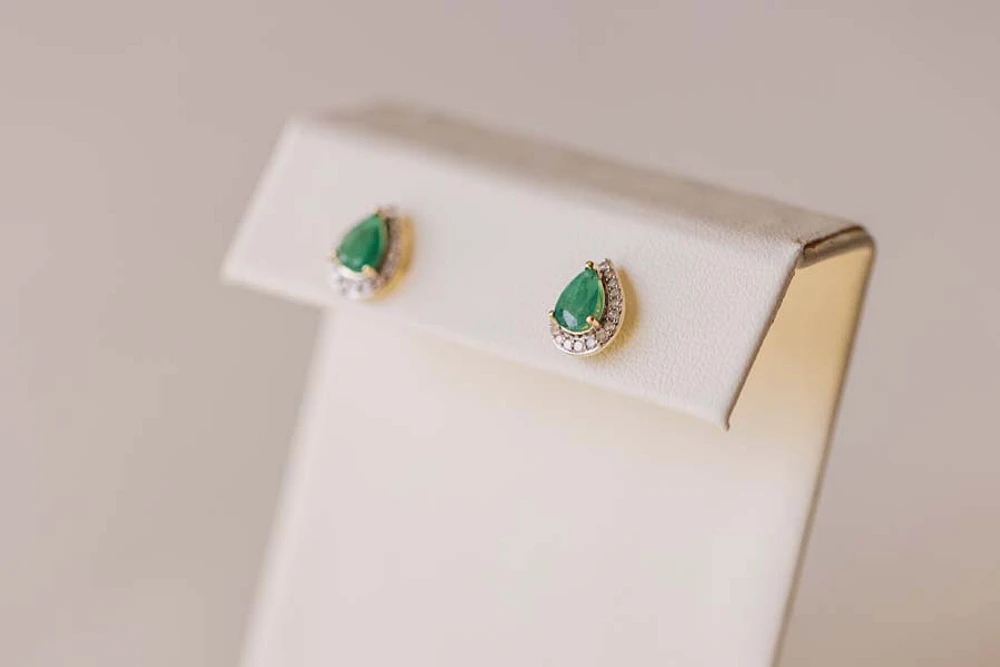 Halo Earrings with .17 Carat TW of Diamonds and 6x4MM Pear Shape Emerald in 10kt Yellow Gold