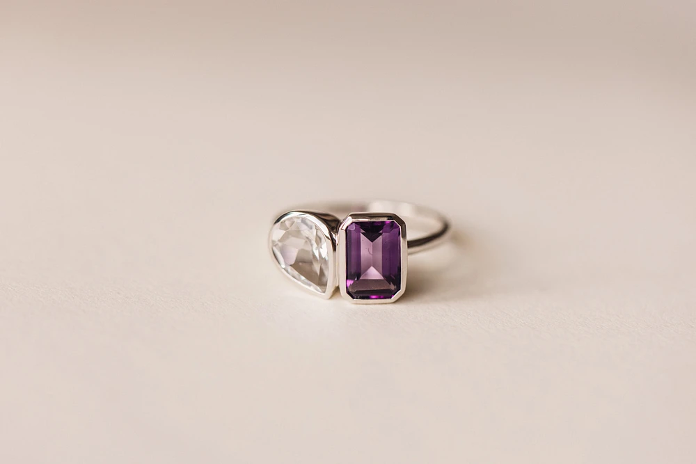 Toi et Moi Ring with Amethyst and White Topaz in 14kt White Gold