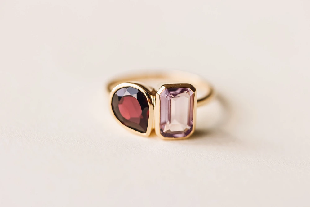 Toi et Moi Ring with Garnet and Pink Amethyst 14kt Yellow Gold