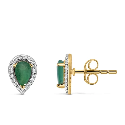 Halo Earrings with .17 Carat TW of Diamonds and 6x4MM Pear Shape Emerald 10kt Yellow Gold