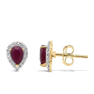 Halo Earrings with .17 Carat TW of Diamonds and 6x4MM Pear Shape Ruby in 10kt Yellow Gold