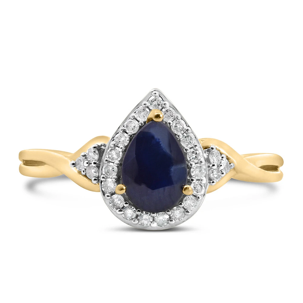 Halo Ring with .17 Carat TW of Diamonds and 7x5MM Pear Shape Blue Sapphire 10kt Yellow Gold