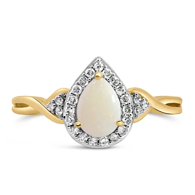 Halo Ring with .17 Carat TW of Diamonds and 7x5MM Pear Shape Opal in 10kt Yellow Gold