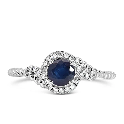 Halo Ring with .10 Carat TW of Diamonds and 5MM Blue Sapphire in 10kt White Gold