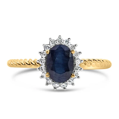 Halo Ring with .13 Carat TW of Diamonds and 7x5MM Oval Blue Sapphire 10kt Yellow Gold