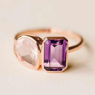 Toi et Moi Ring with Amethyst and Rose Quartz 14kt Gold