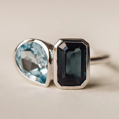 Toi et Moi Ring with London Blue Topaz and Sky 14kt White Gold