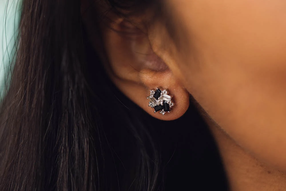 1950s Original Barbie Icon Stud Earrings with Black Onyx and White Topaz Sterling Silver