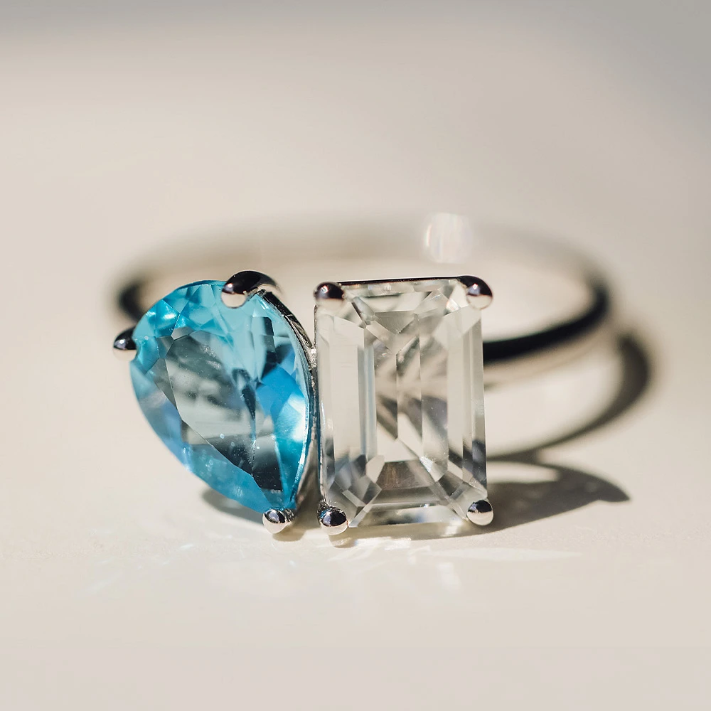 Toi et Moi Ring with White Topaz and Swiss Blue 14kt Gold