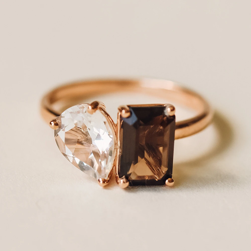 Toi et Moi Ring with Smoky Quartz and White Topaz in 14kt Rose Gold