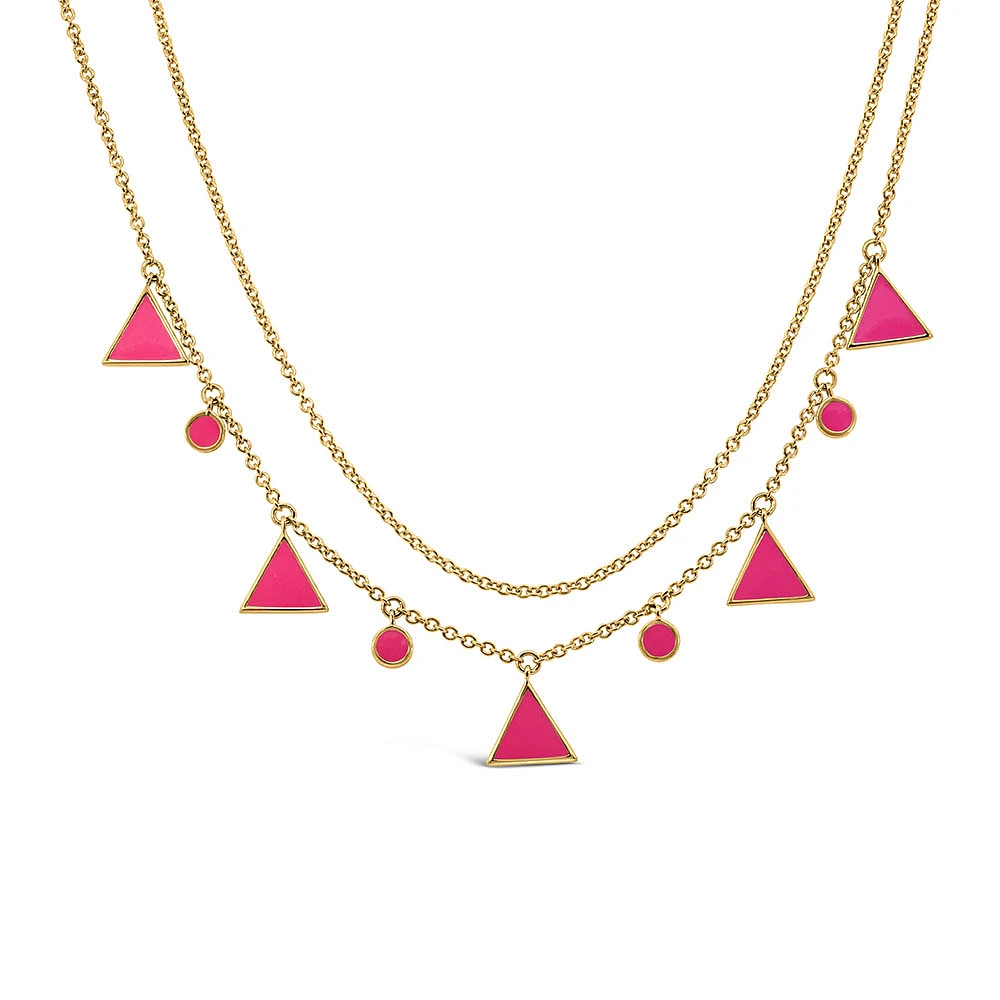 15″+2″ 1990s Barbie Totally Triangle Necklace with Pink Enamel in Gold Vermeil Plated Sterling Silver