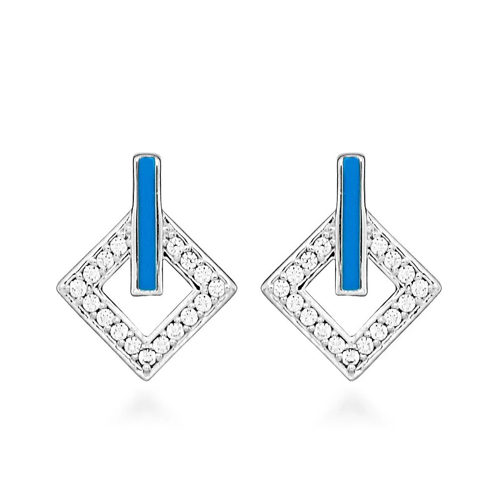 Earrings with Cubic Zirconia and Teal Enamel Sterling Silver