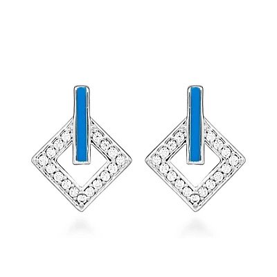 Earrings with Cubic Zirconia and Teal Enamel Sterling Silver