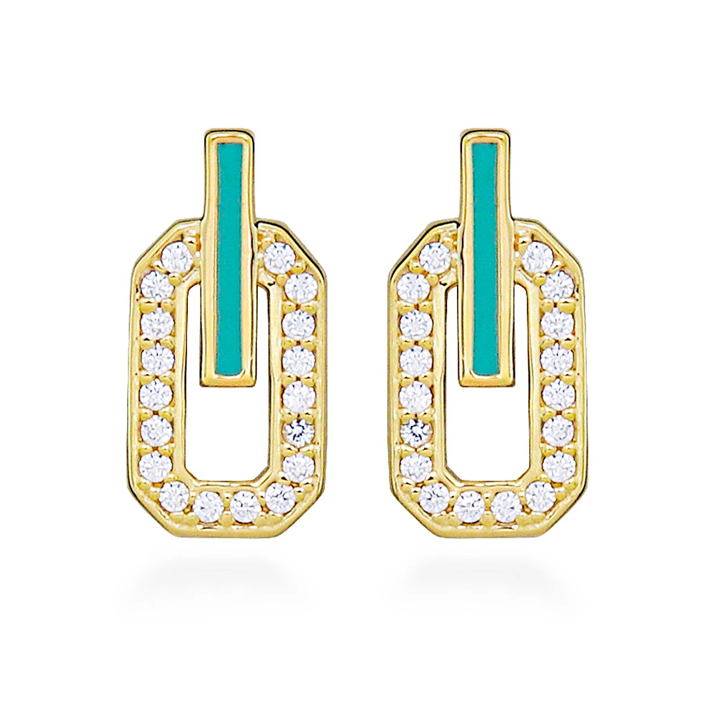 Earrings with Cubic Zirconia and Green Enamel Gold Plated Sterling Silver