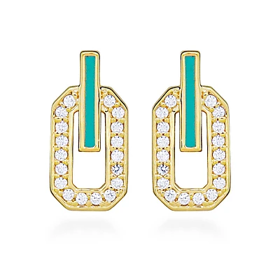 Earrings with Cubic Zirconia and Green Enamel Gold Plated Sterling Silver