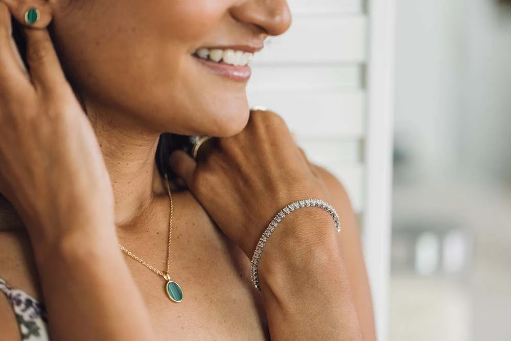 Oval Pendant with Malachite Gold Plated Sterling Silver