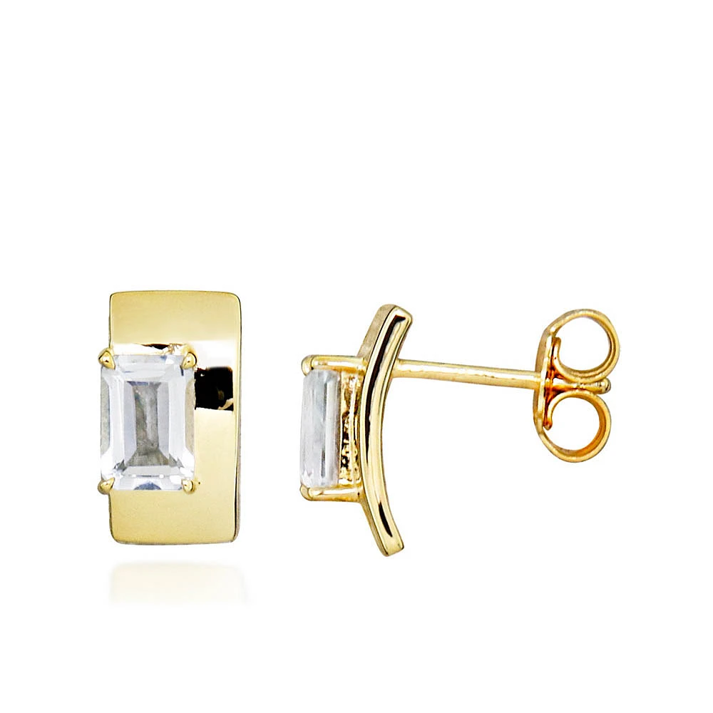 Stud Earrings with Emerald Cut White Topaz Gold Plated Sterling Silver