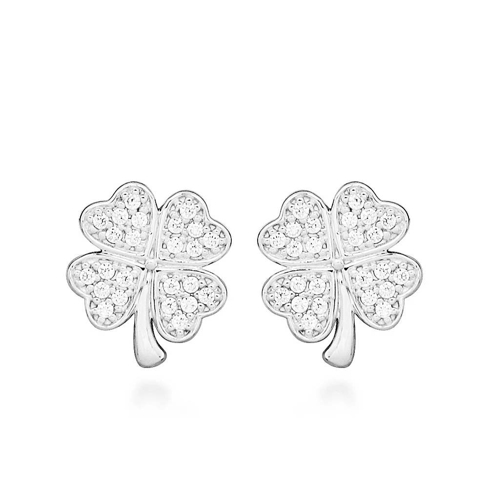 Four Leaf Clover Stud Earrings with Cubic Zirconia Sterling Silver