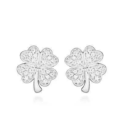 Four Leaf Clover Stud Earrings with Cubic Zirconia Sterling Silver