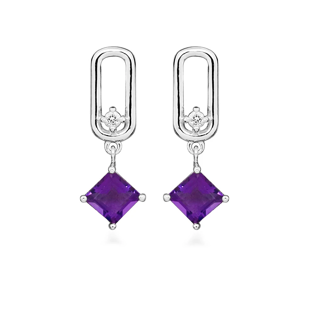 Earrings with Princess Cut Amethyst Sterling Silver