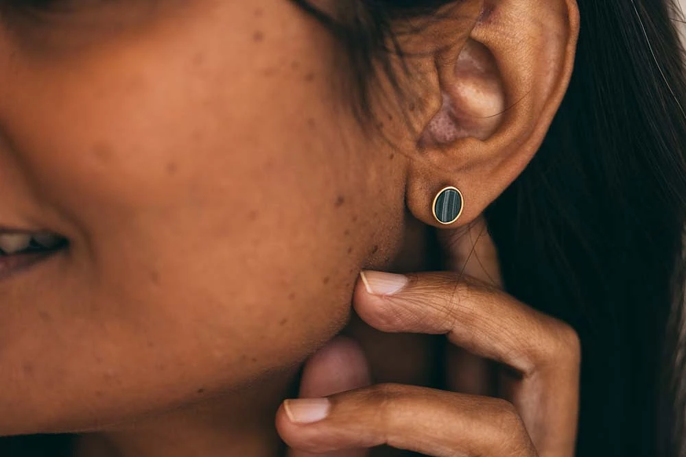 Oval Earrings with Malachite Gold Plated Sterling Silver