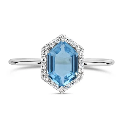 Halo Ring with .11 Carat TW of Diamonds and Swiss Blue Topaz in 14kt White Gold