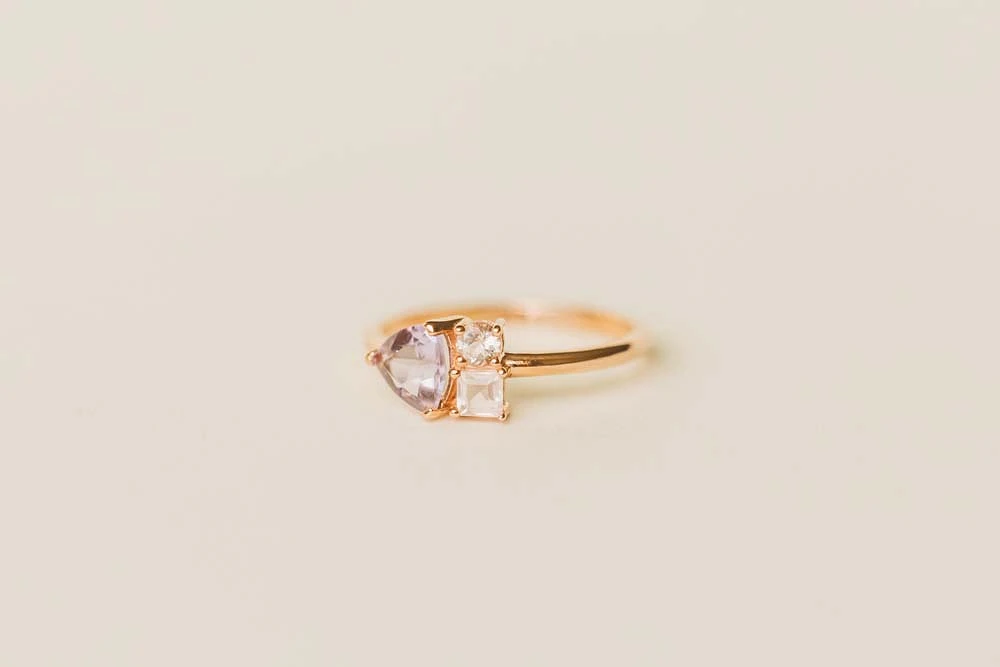 Ring with 6MM Trillion Cut Pink Amethyst, Rose Quartz and Morganite in 14KT Rose Gold