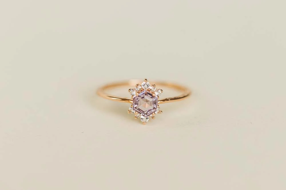 Ring with 4MM Hexagon Pink Amethyst and White Topaz in 14KT Rose Gold