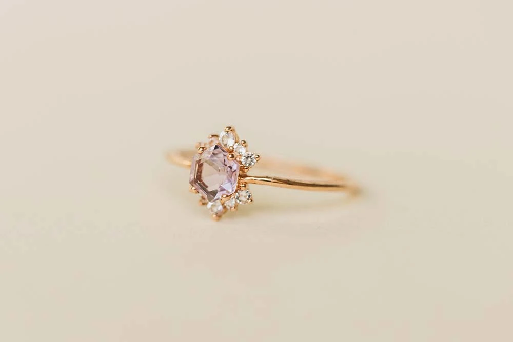 Ring with 4MM Hexagon Pink Amethyst and White Topaz in 14KT Rose Gold