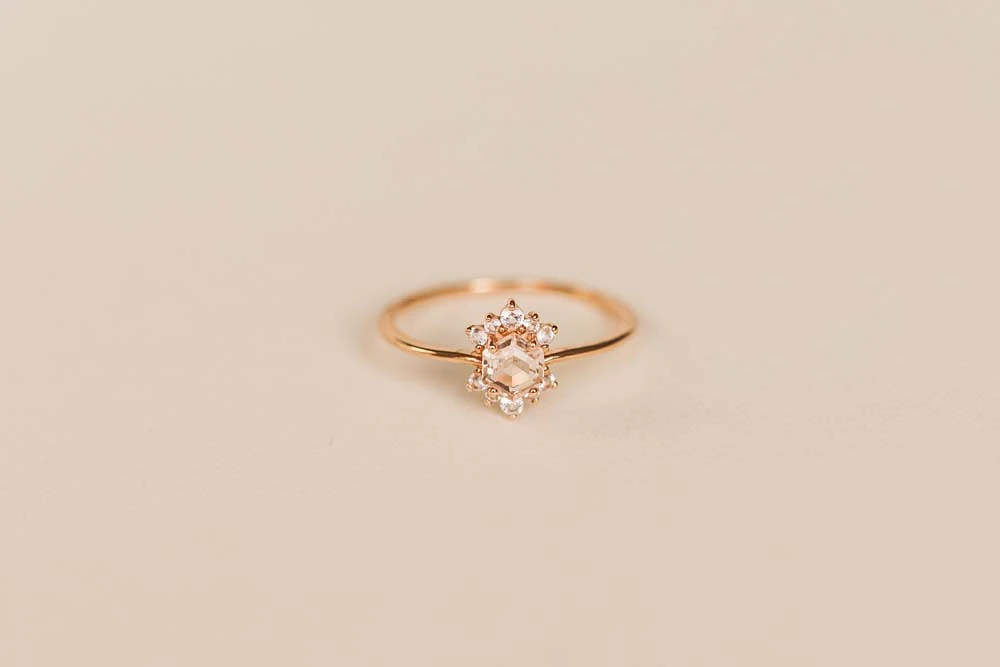 Ring with 4MM Hexagon Morganite and White Topaz in 14KT Rose Gold