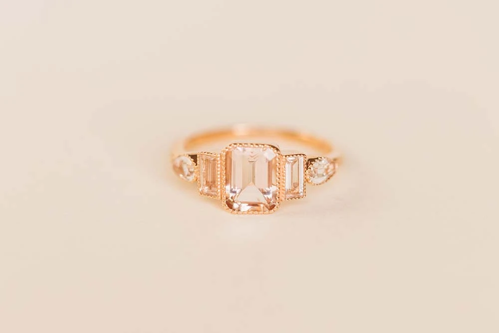 Ring with 8X6MM Emerald Cut Morganite and White Topaz in 14KT Rose Gold